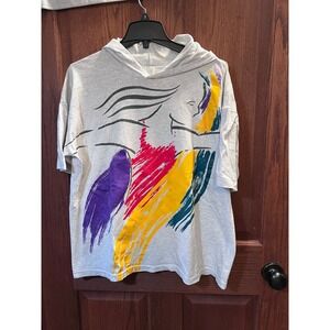 Vintage 90s Abstract Art Hooded Top One Size Short Sleeve Oversized One Size USA
